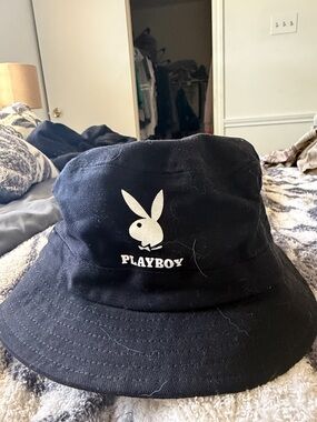 PLAYBOY Black Bucket Hat with White Bunny Logo
